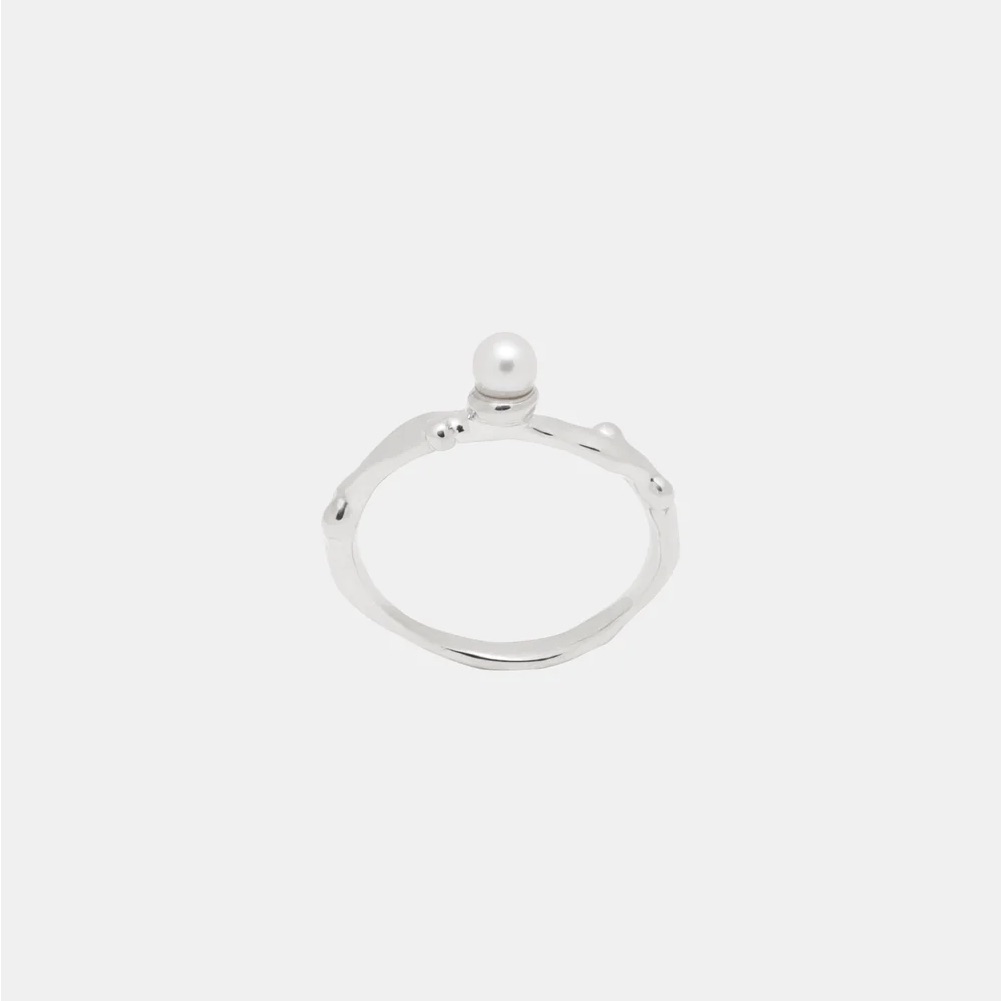 Silver Pearl Accent Ring - Minimal Pearl Stackable Ring